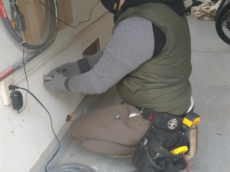 Electrician performing outlet wiring in a Arlington garage